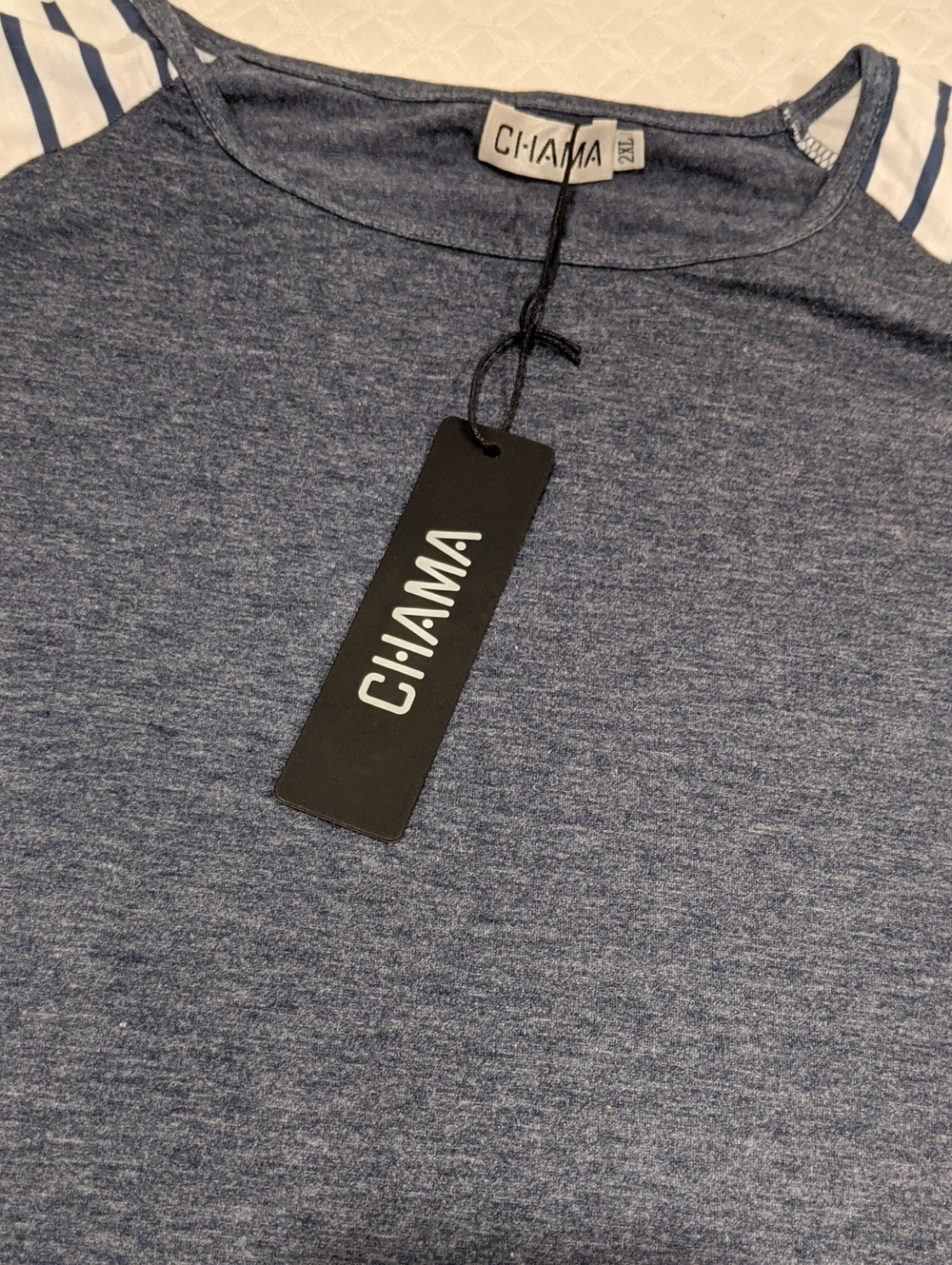 Chama Basic Tunic Blue & White Striped Raglan Short Sleeve Blouse Size 2XL - Picture 7 of 10